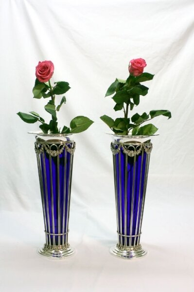 Pair English Silver Plated Vases with Blue Glass Liners | Ref. no. 01335 pair | Regent Antiques